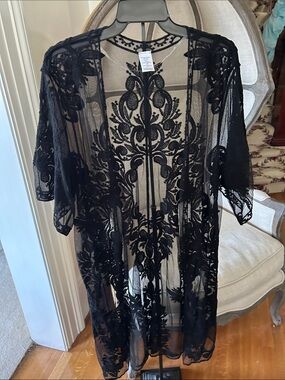 NWT Black Sheer Floral Lace Open Drape Kimono Cardigan S/M